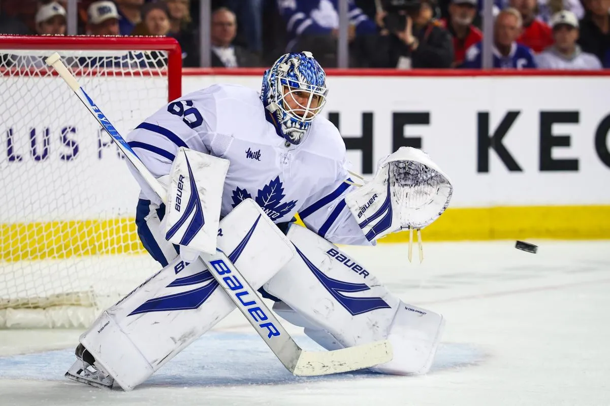 Toronto Maple Leafs goaltender Joseph Woll (60) makes a save against the Calgary Flames during the second period at Scotiabank Saddledome.