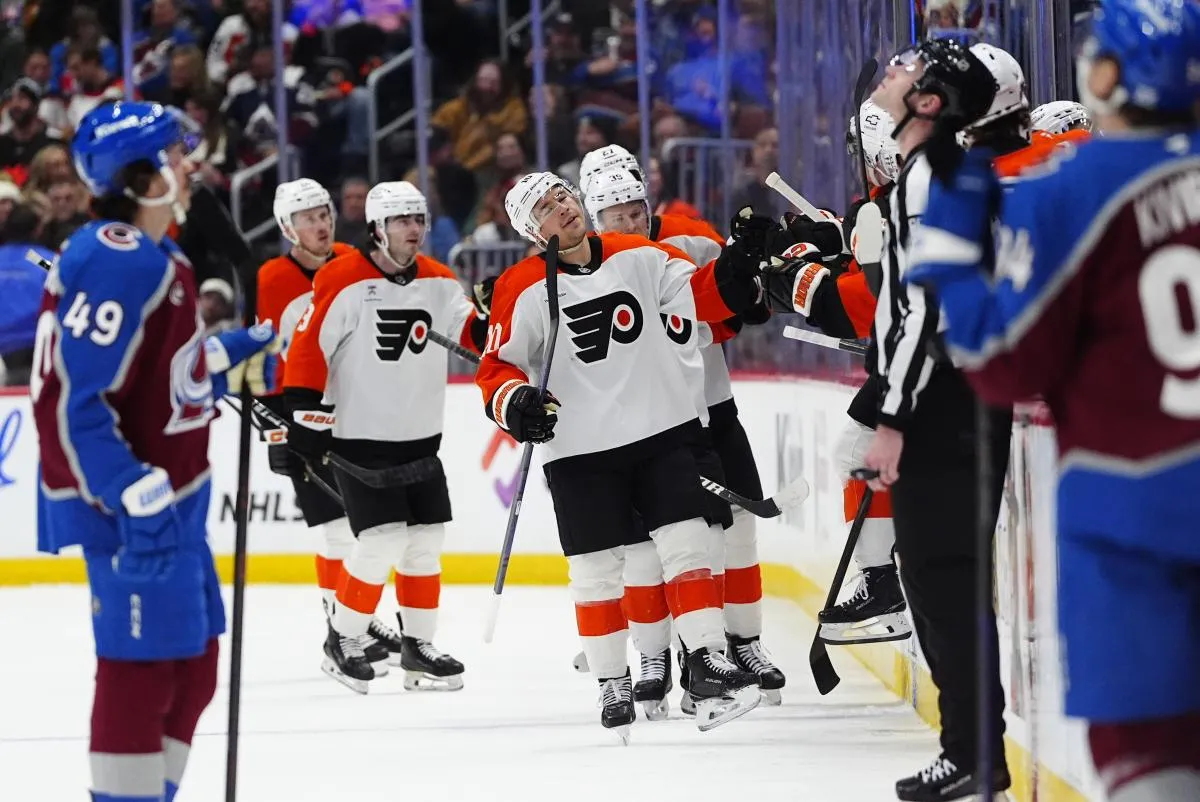 Philadelphia Flyers right wing Bobby Brink (10) celebrates his goal in the second period against the Colorado Avalanche at Ball Arena.