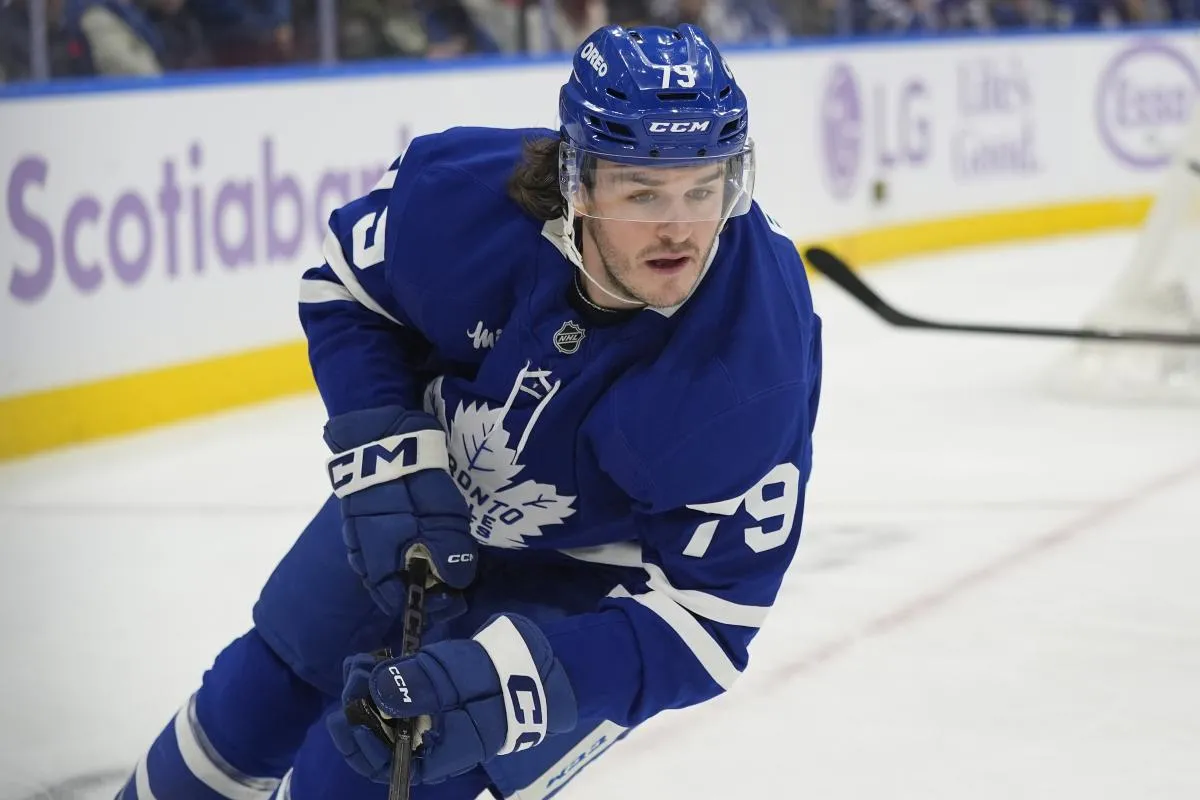 Toronto Maple Leafs forward Samuel Blais (79) skates against the Pittsburgh Penguins during the first period at Scotiabank Arena.