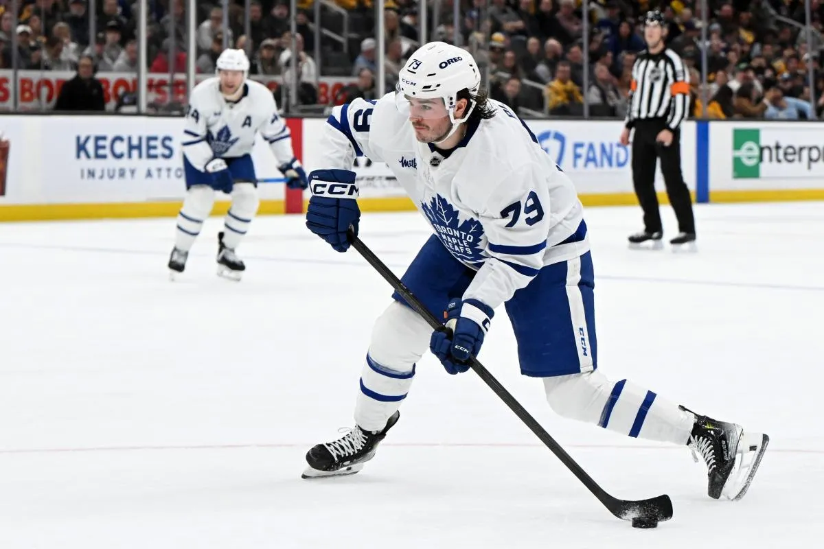 Toronto Maple Leafs left wing Sammy Blais (79) takes a shot against the Boston Bruins during the second period at the TD Garden.