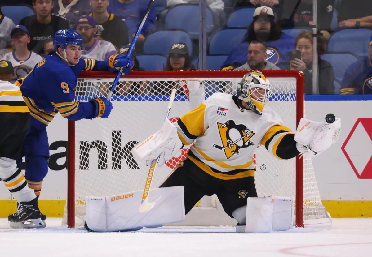 Pittsburgh Penguins goalie Filip Larsson (31) makes a save during the third period against the Buffalo Sabres at KeyBank Center.