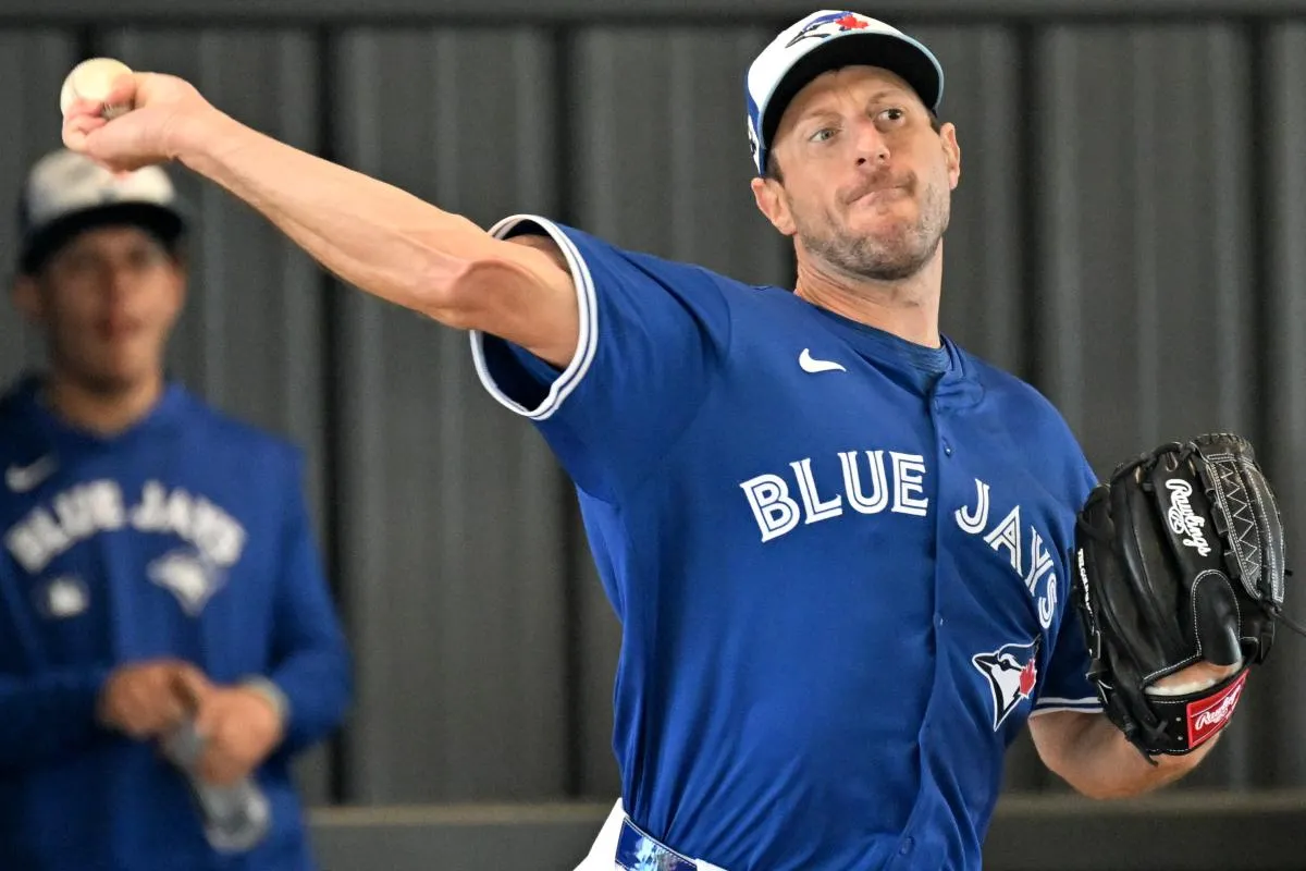 Toronto Blue Jays pitcher Max Scherzer (31) throws a pitch during spring training at Cecil B. Englebert Complex.