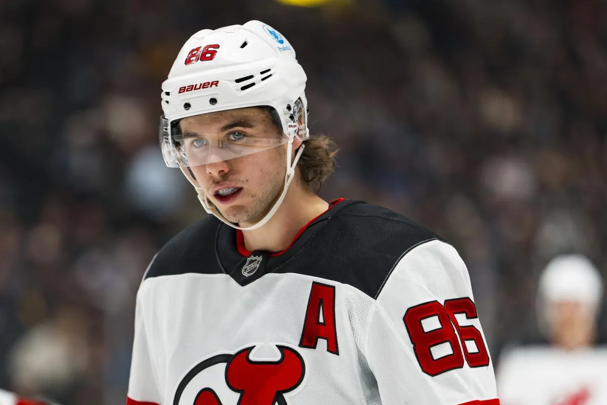 New Jersey Devils forward Jack Hughes (86) looks on during a stop in play against the Vancouver Canucks in the first period at Rogers Arena.