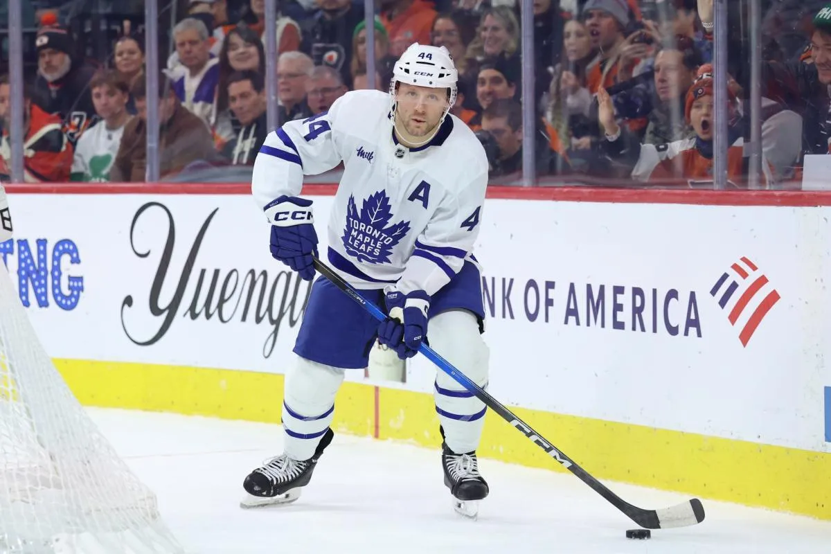 Toronto Maple Leafs defenseman Morgan Rielly (44) controls the puck against the Philadelphia Flyers during the first period at Xfinity Mobile Arena.
