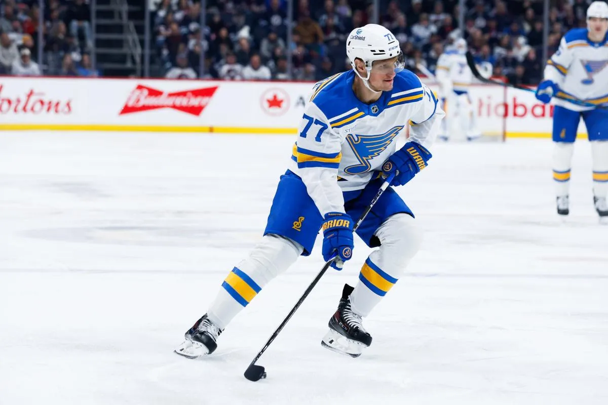 St. Louis Blues forward Nick Bjugstad (77) looks to take a shot in the Winnipeg Jets zone during the first period at Canada Life Centre.