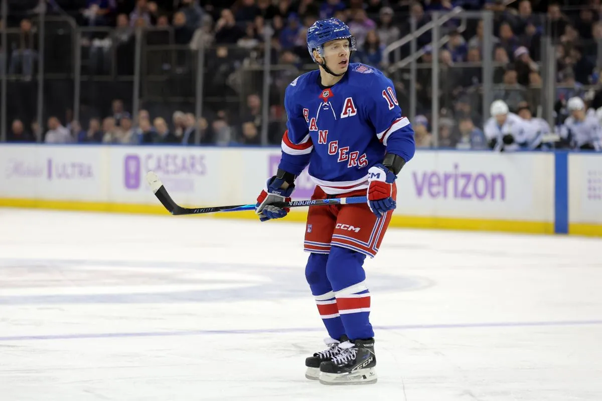 New York Rangers left wing Artemi Panarin (10) skates against the Utah Mammoth during the second period at Madison Square Garden.