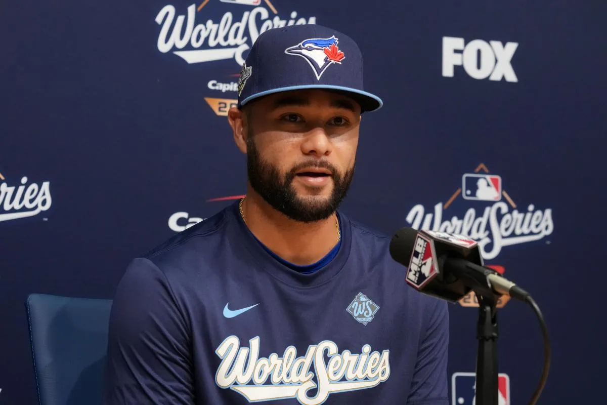 Toronto Blue Jays shortstop Isiah Kiner-Falefa (7) speaks in a press conference before game four of the 2025 MLB World Series against the Los Angeles Dodgers at Dodger Stadium.