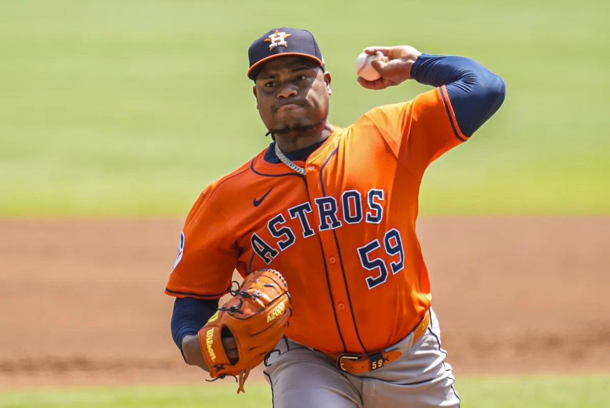 Houston Astros starting pitcher Framber Valdez (59) pitches against the Atlanta Braves during the first inning at Truist Park.