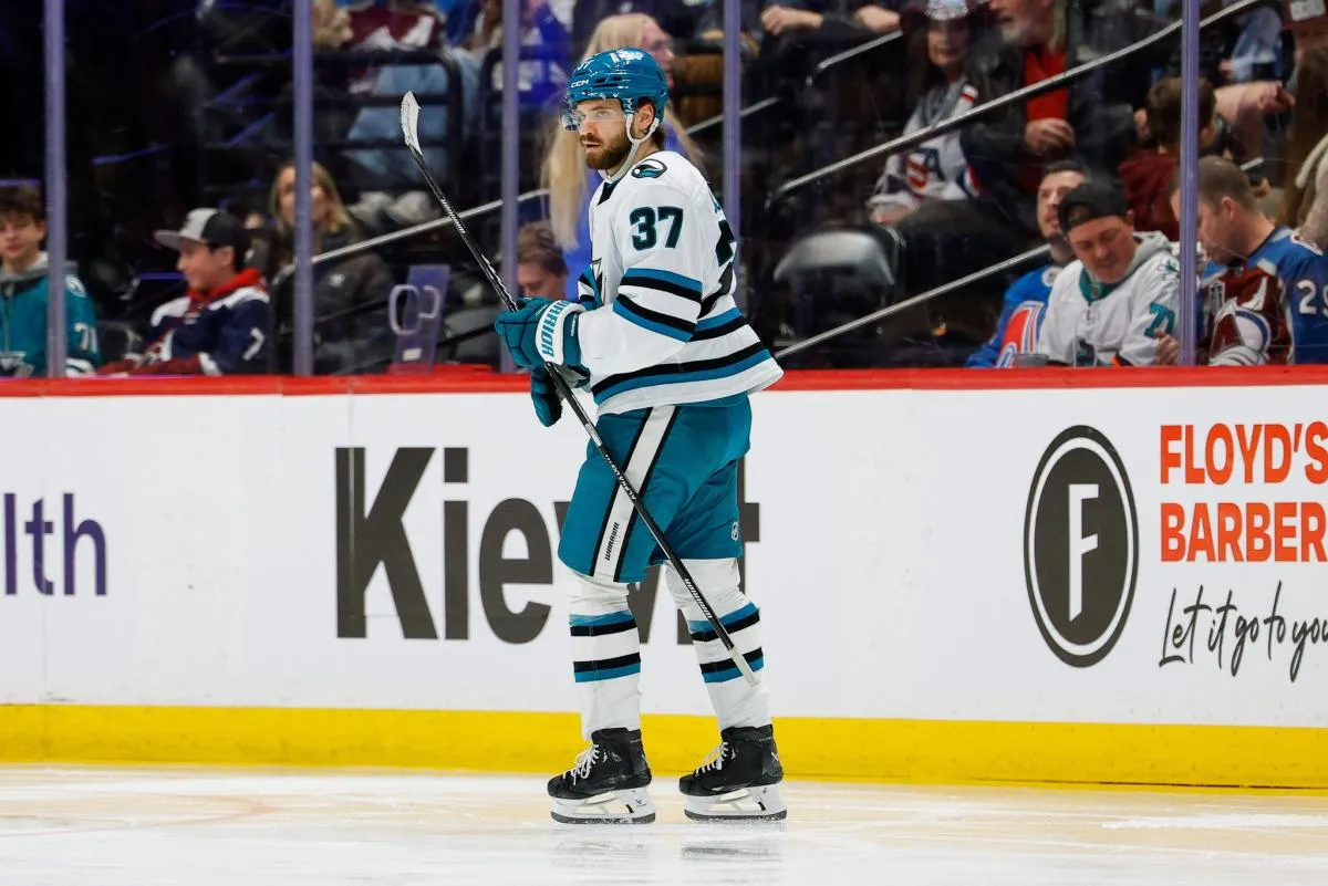 San Jose Sharks defenseman Timothy Liljegren (37) after scoring a goal in the third period against the Colorado Avalanche at Ball Arena.
