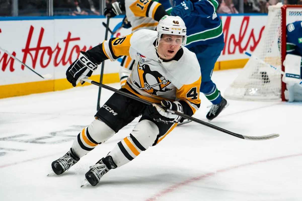 Pittsburgh Penguins forward Blake Lizotte (46) skates against the Vancouver Canucks in the first period at Rogers Arena.