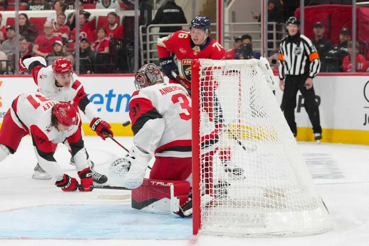 Florida Panthers center Ryan McAllister (76) shot is stopped by Carolina Hurricanes goaltender Frederik Andersen (31) second period at Lenovo Center.