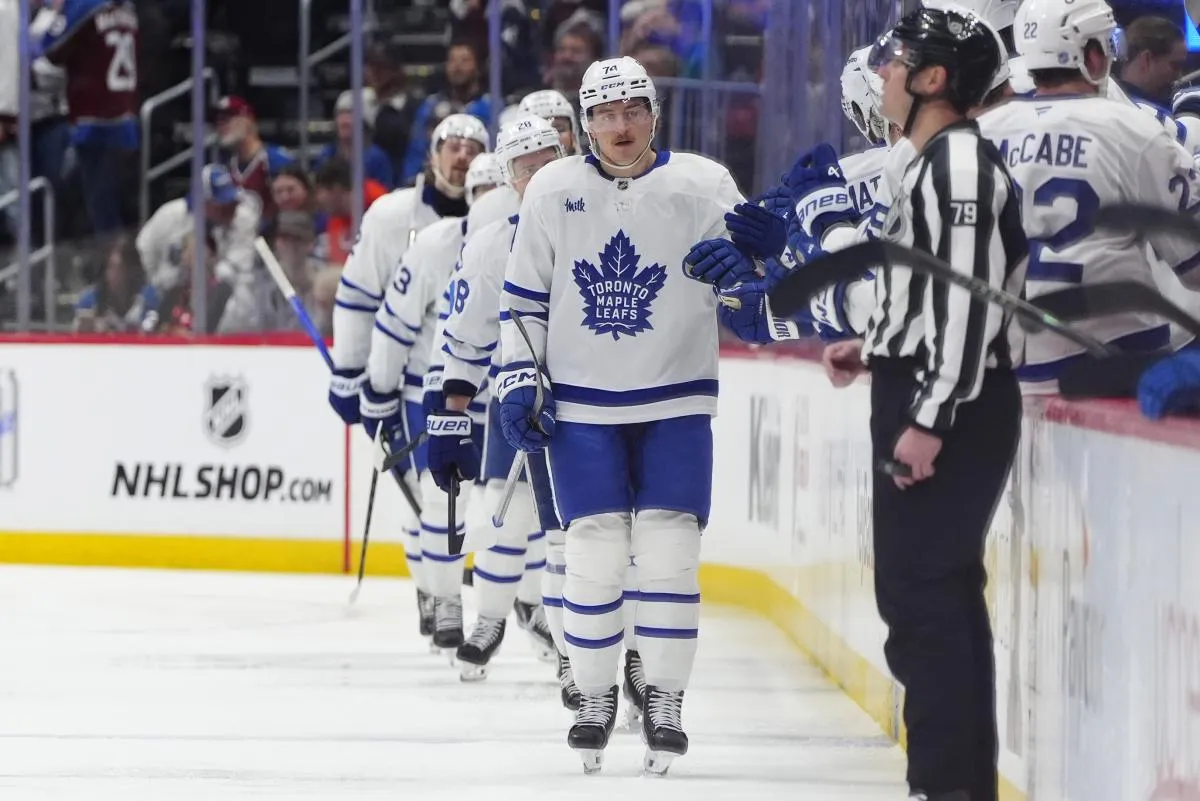 Toronto Maple Leafs center Bobby McMann (74) celebrates his goal in the second period Colorado Avalanche at Ball Arena.