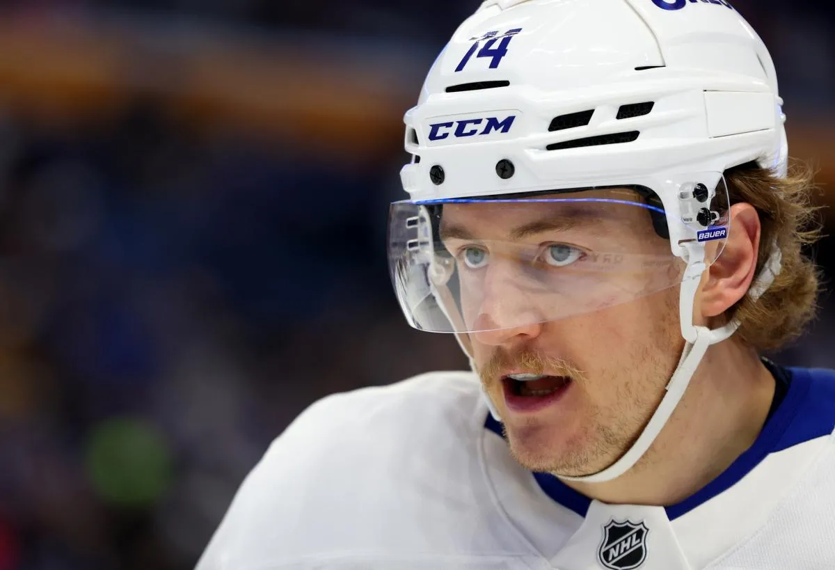 Toronto Maple Leafs center Bobby McMann (74) during a stoppage in play against the Buffalo Sabres at KeyBank Center.