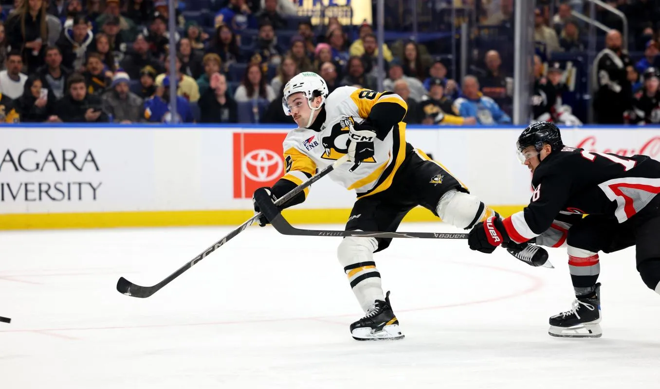 Pittsburgh Penguins right wing Avery Hayes (85) takes a shot on goal and scores his first career NHL goal during the first period against the Buffalo Sabres at KeyBank Center.