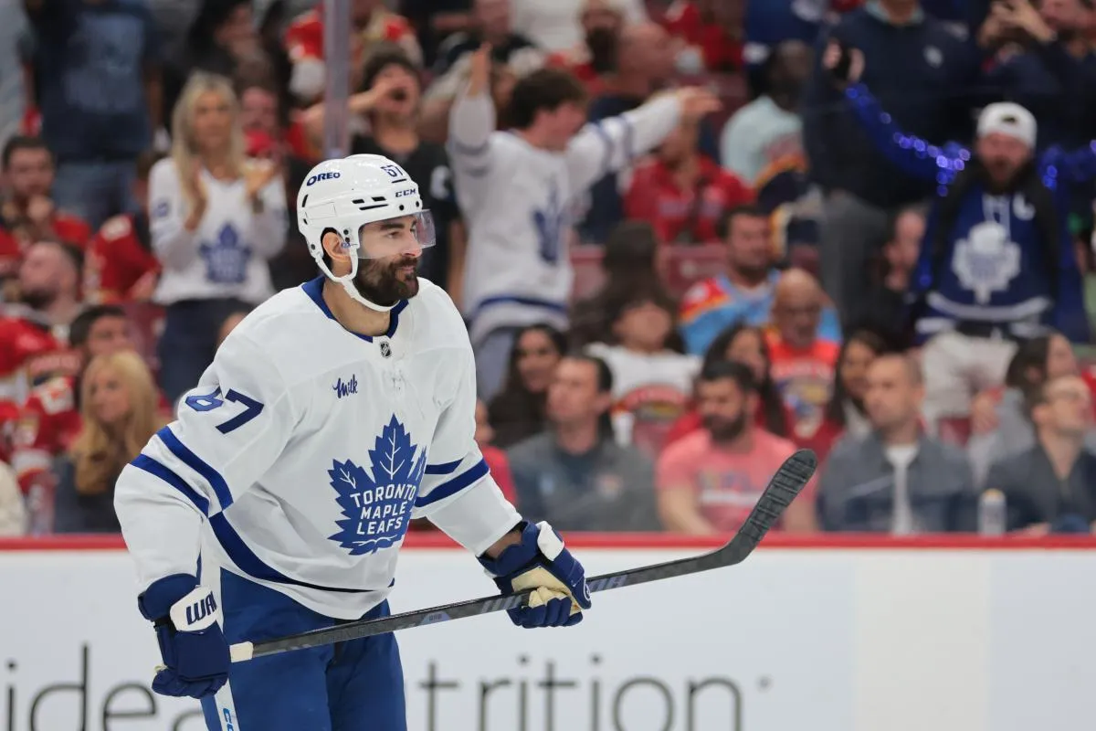 Toronto Maple Leafs left wing Max Pacioretty (67) celebrates after scoring against the Florida Panthers during the third period in game six of the second round of the 2025 Stanley Cup Playoffs at Amerant Bank Arena.