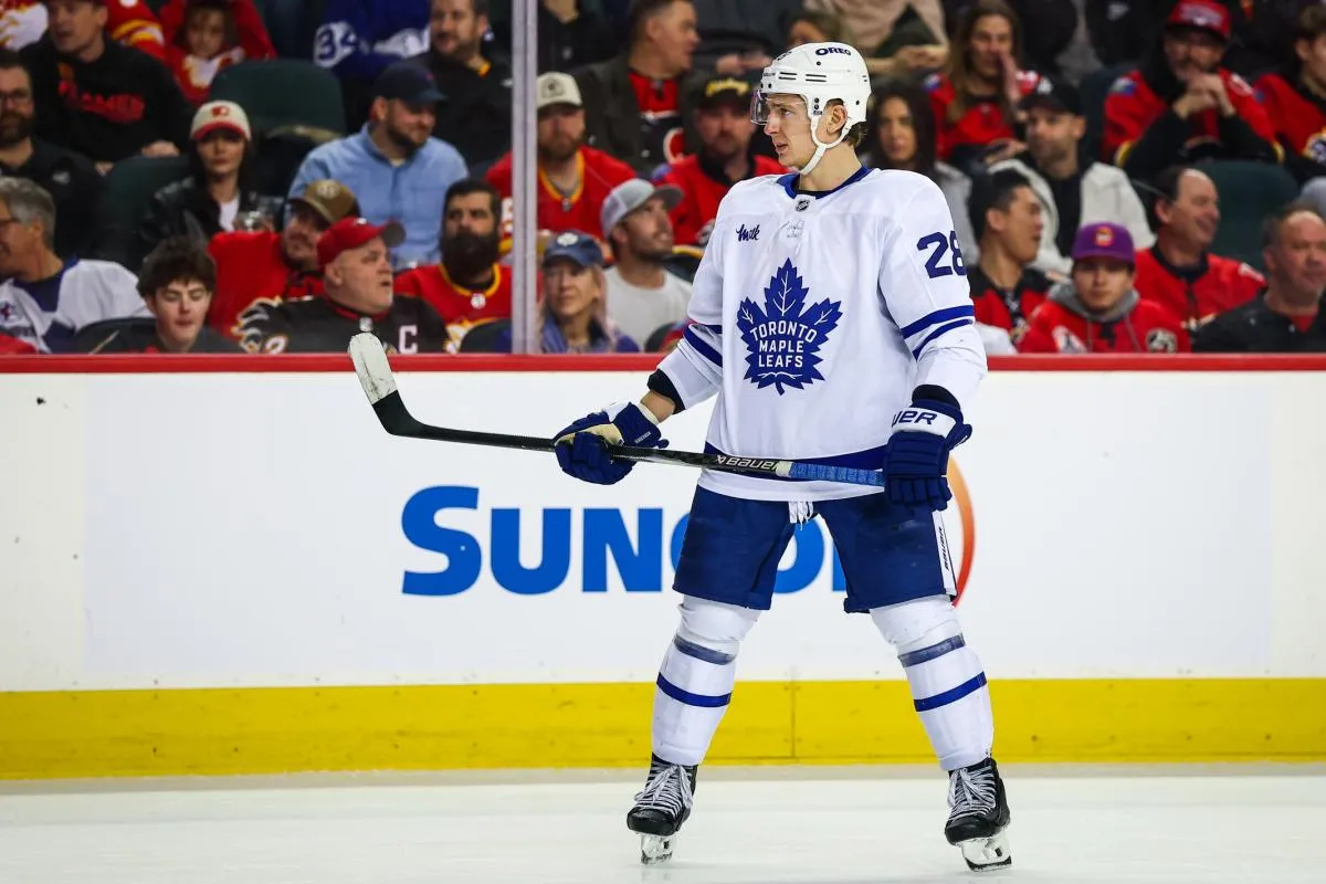 Toronto Maple Leafs defenseman Troy Stecher (28) against the Calgary Flames during the third period at Scotiabank Saddledome