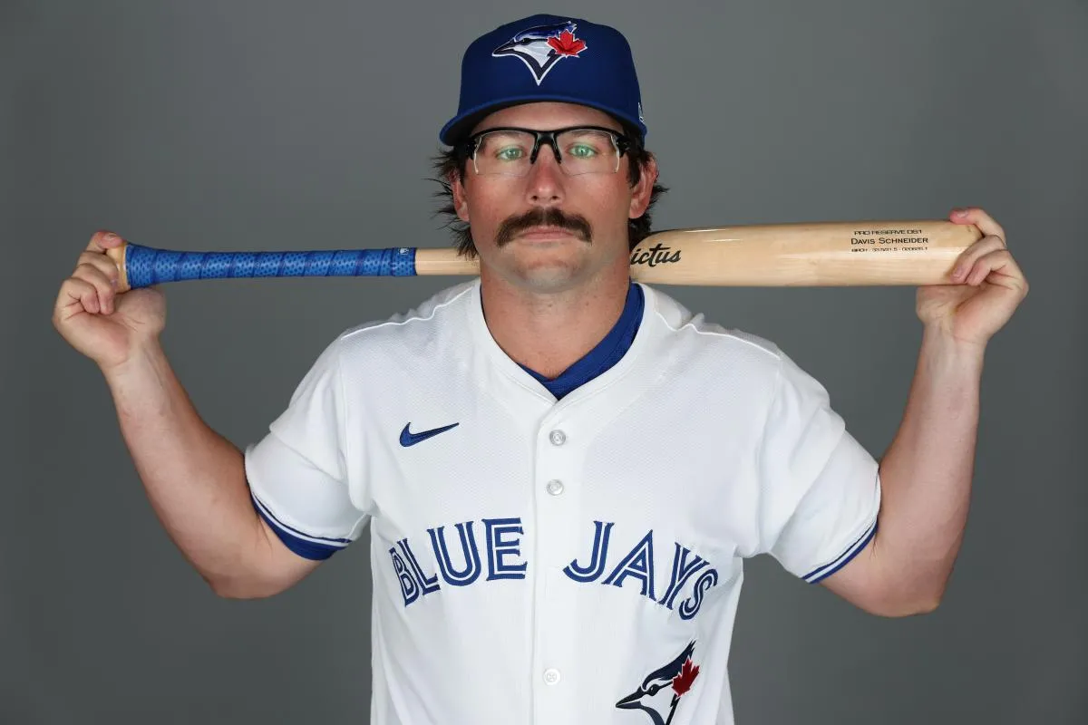 Toronto Blue Jays outfielder Davis Schneider (36) participates in media day at the Blue Jays Player Development Complex