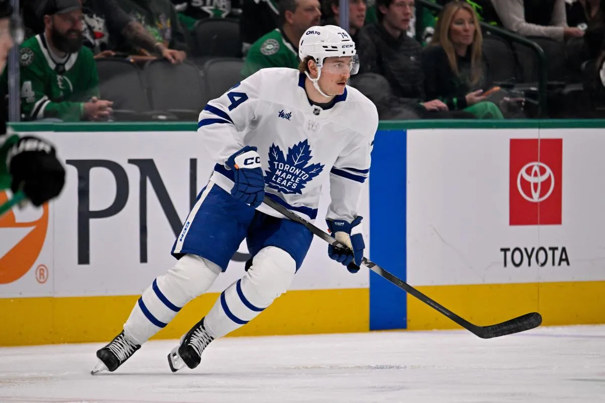 Toronto Maple Leafs center Bobby McMann (74) skates against the Dallas Stars during the game at the American Airlines Center.