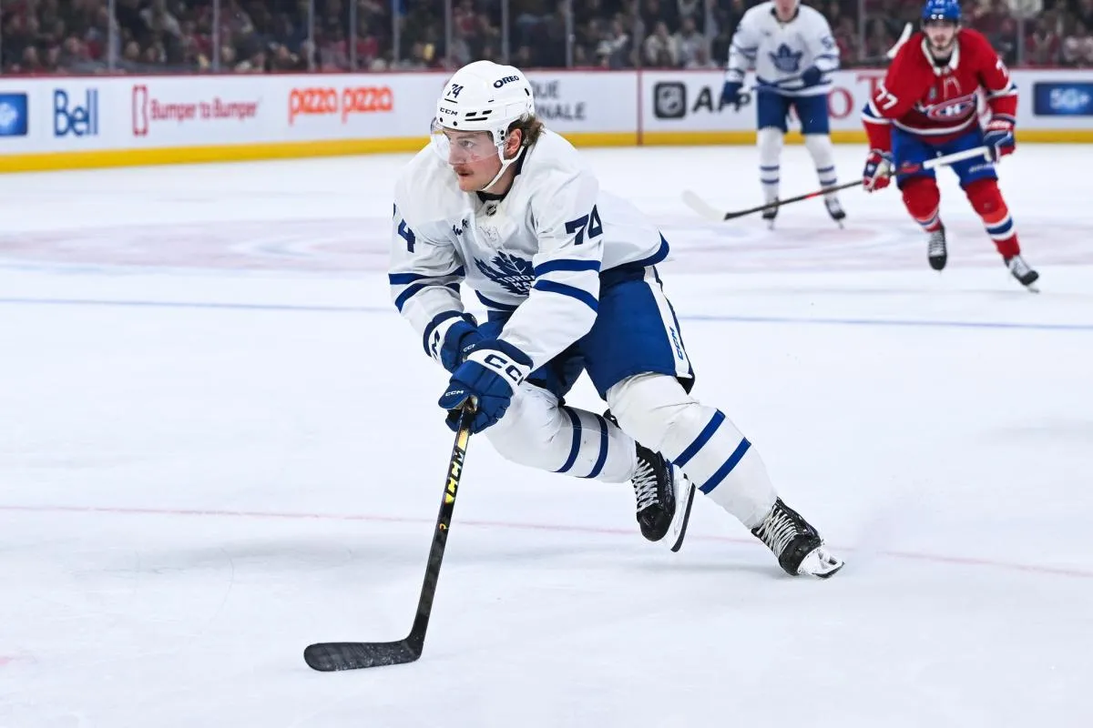 Toronto Maple Leafs forward Bobby Mcmann (74) plays the puck against the Montreal Canadiens during the second period at Bell Centre.