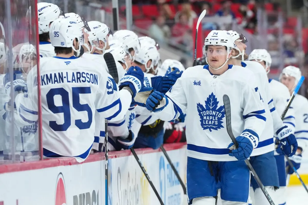 Toronto Maple Leafs center Bobby McMann (74) celebrates his goal against the Carolina Hurricanes during the first period at Lenovo Center.