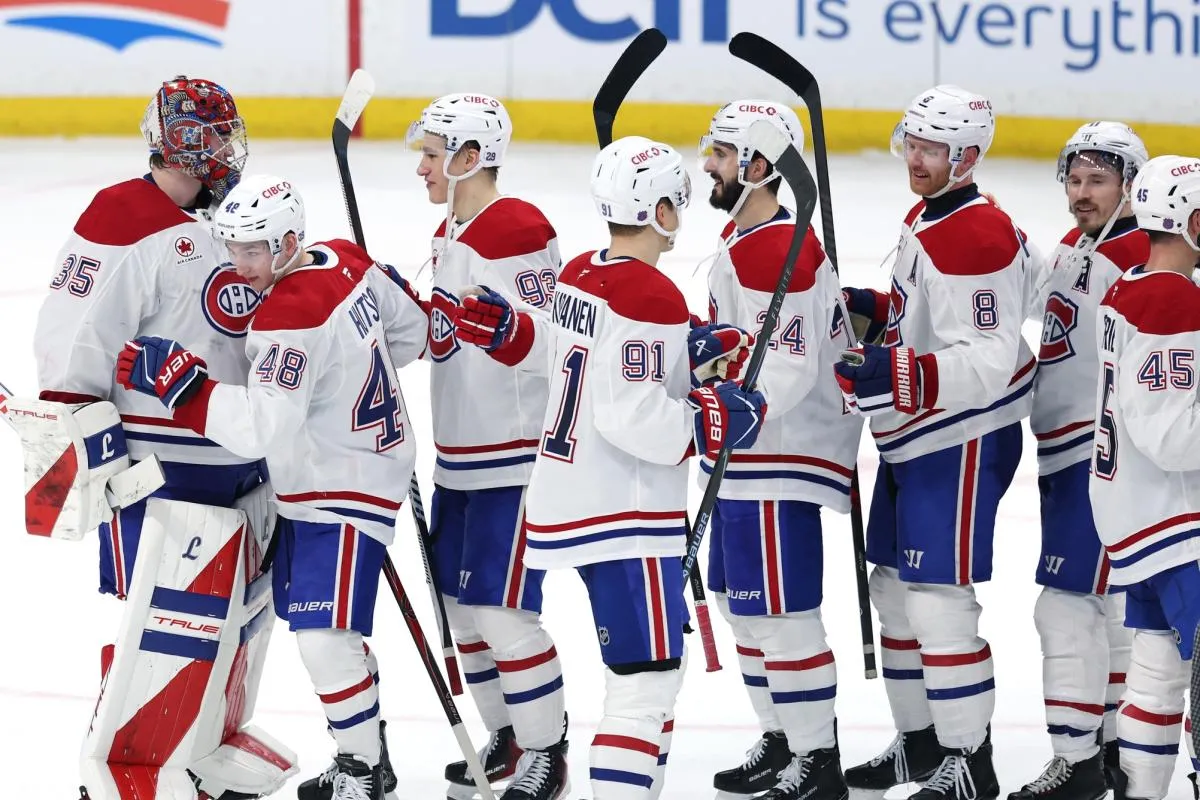 Montreal Canadiens celebrate a victory against the Winnipeg Jets at Canada Life Centre.