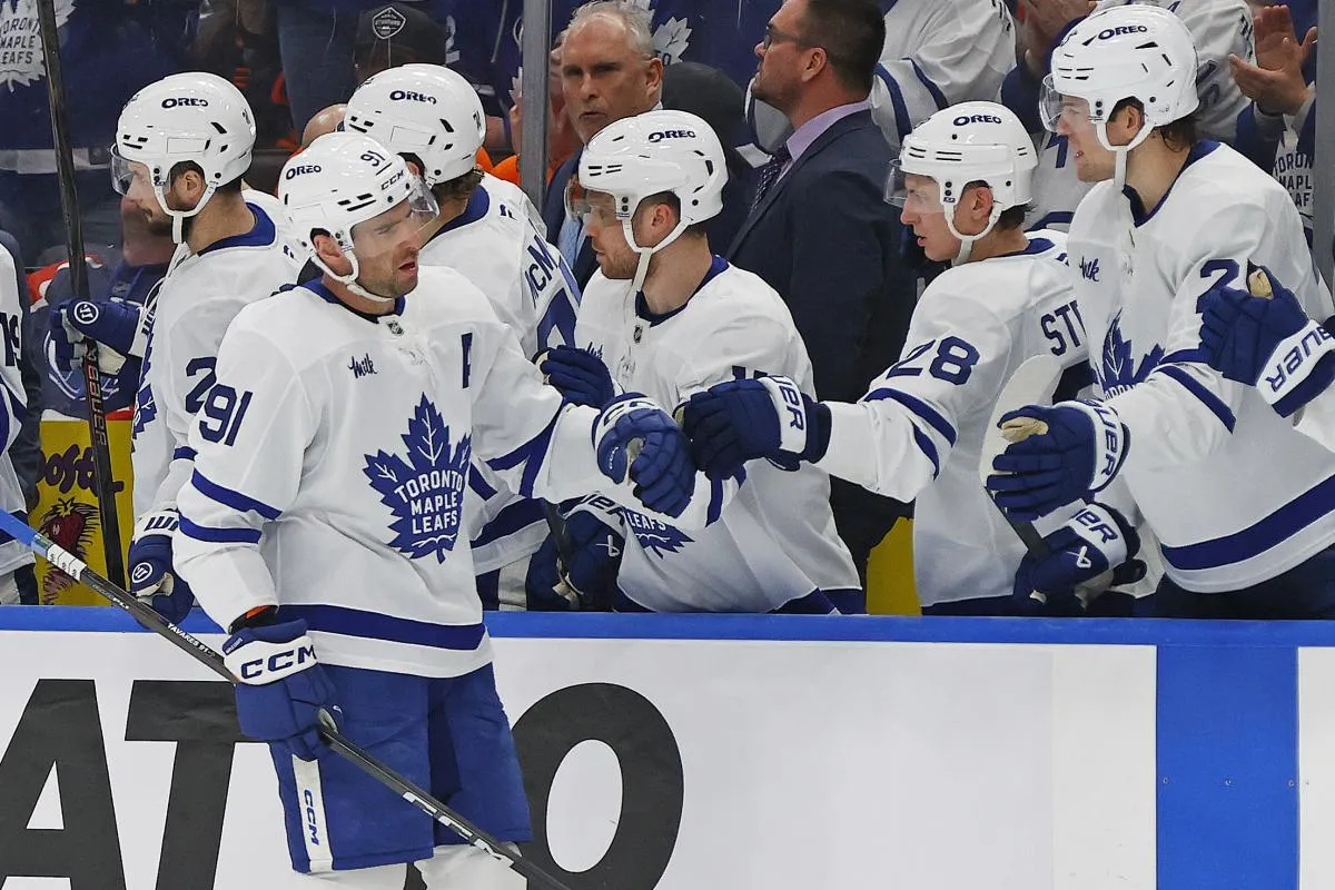 The Toronto Maple Leafs celebrate a goal scored by forward John Tavares (91) during the third period against the Edmonton Oilers at Rogers Place.