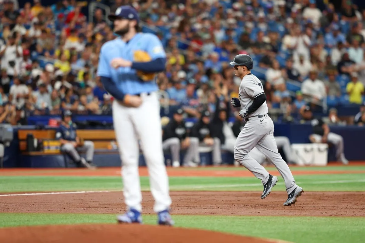 New York Yankees designated hitter Anthony Rizzo (48) hits a solo home run off of Tampa Bay Rays relief pitcher Josh Fleming (19) in the third inning at Tropicana Field
