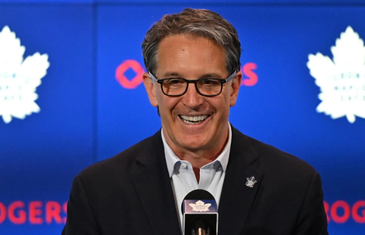 Toronto Maple Leafs president Brendan Shanahan speaks at a media conference to introduce new general manager Brad Treliving (not shown) at Scotiabank Arena.