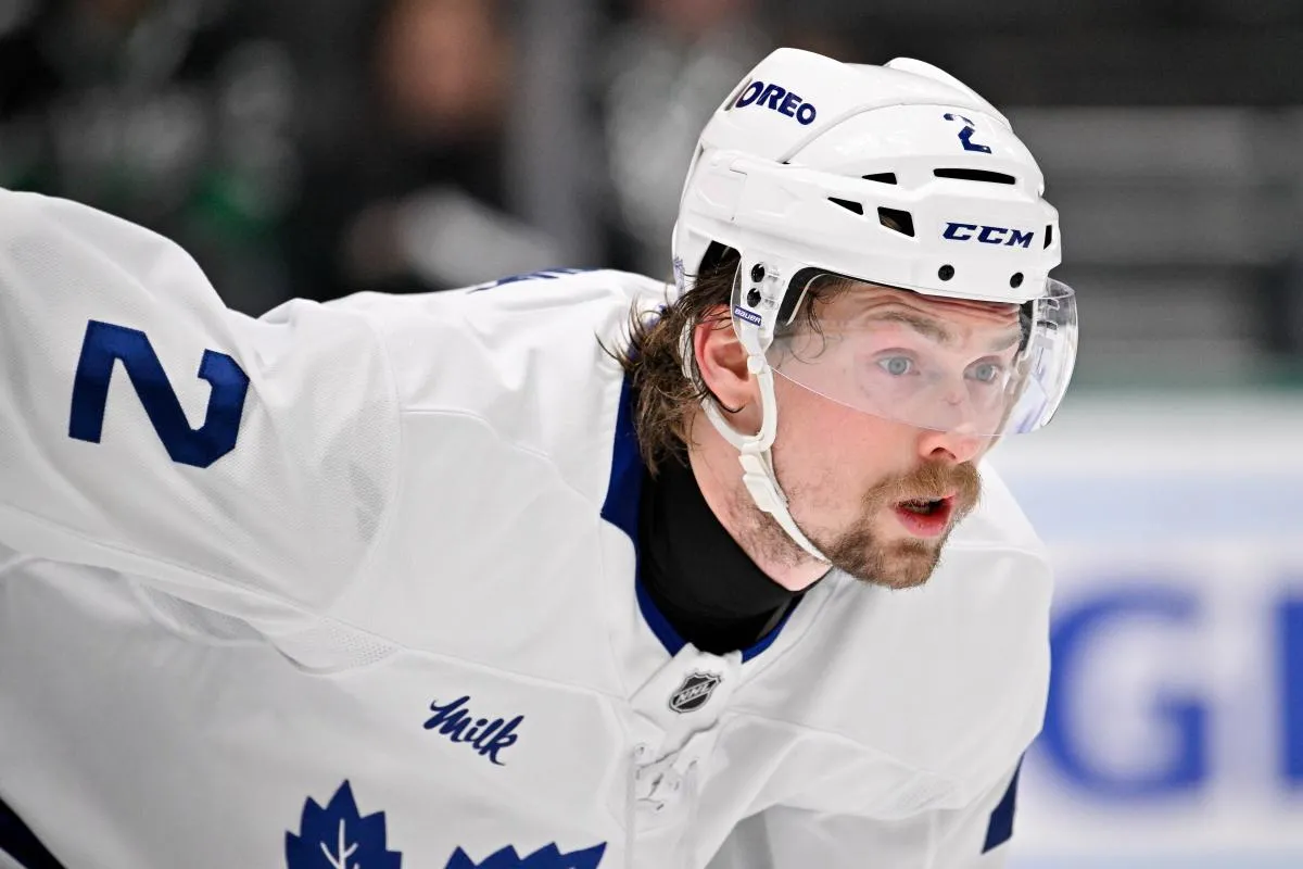 Toronto Maple Leafs defenseman Simon Benoit (2) looks on during the game at the American Airlines Center.