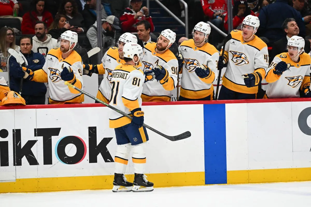 Nashville Predators center Jonathan Marchessault (81) is congratulated by teammates after scoring a goal against the Washington Capitals during the second period at Capital One Arena.