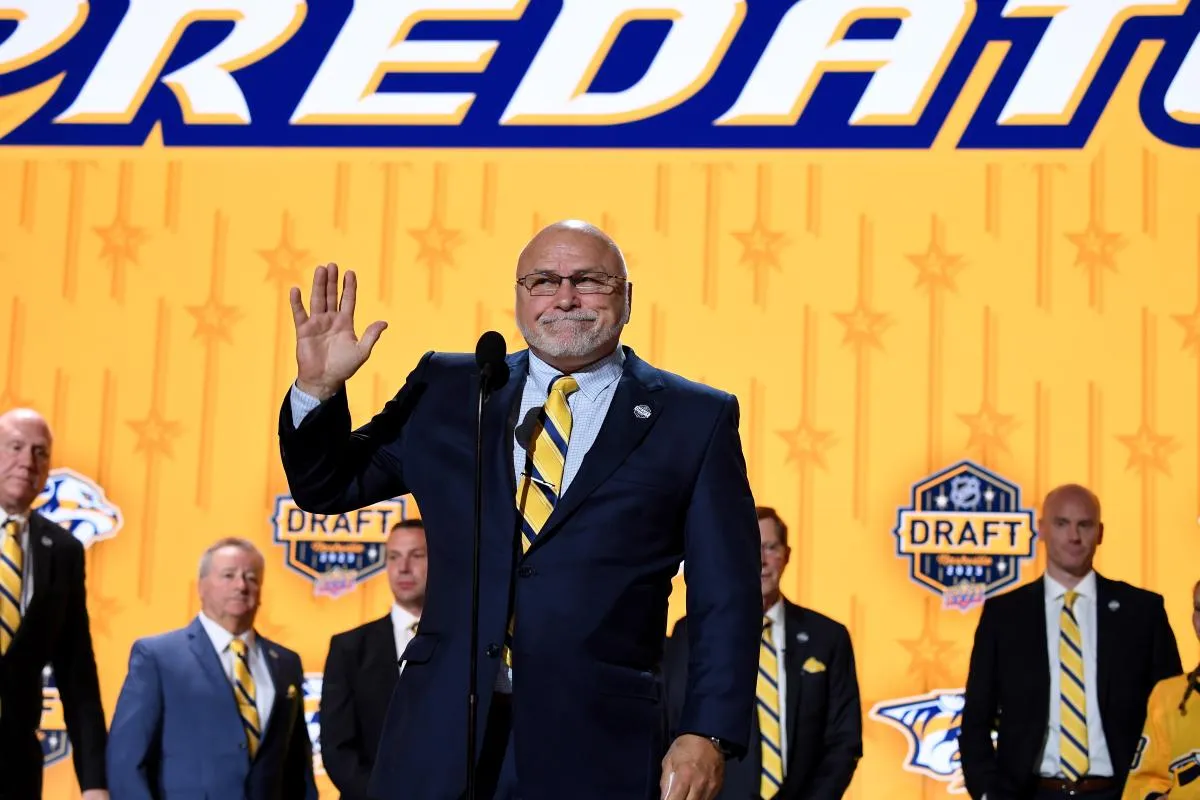 Nashville Predators incoming general manager Barry Trotz announces the twenty fourth pick in round one of the 2023 NHL Draft at Bridgestone Arena.