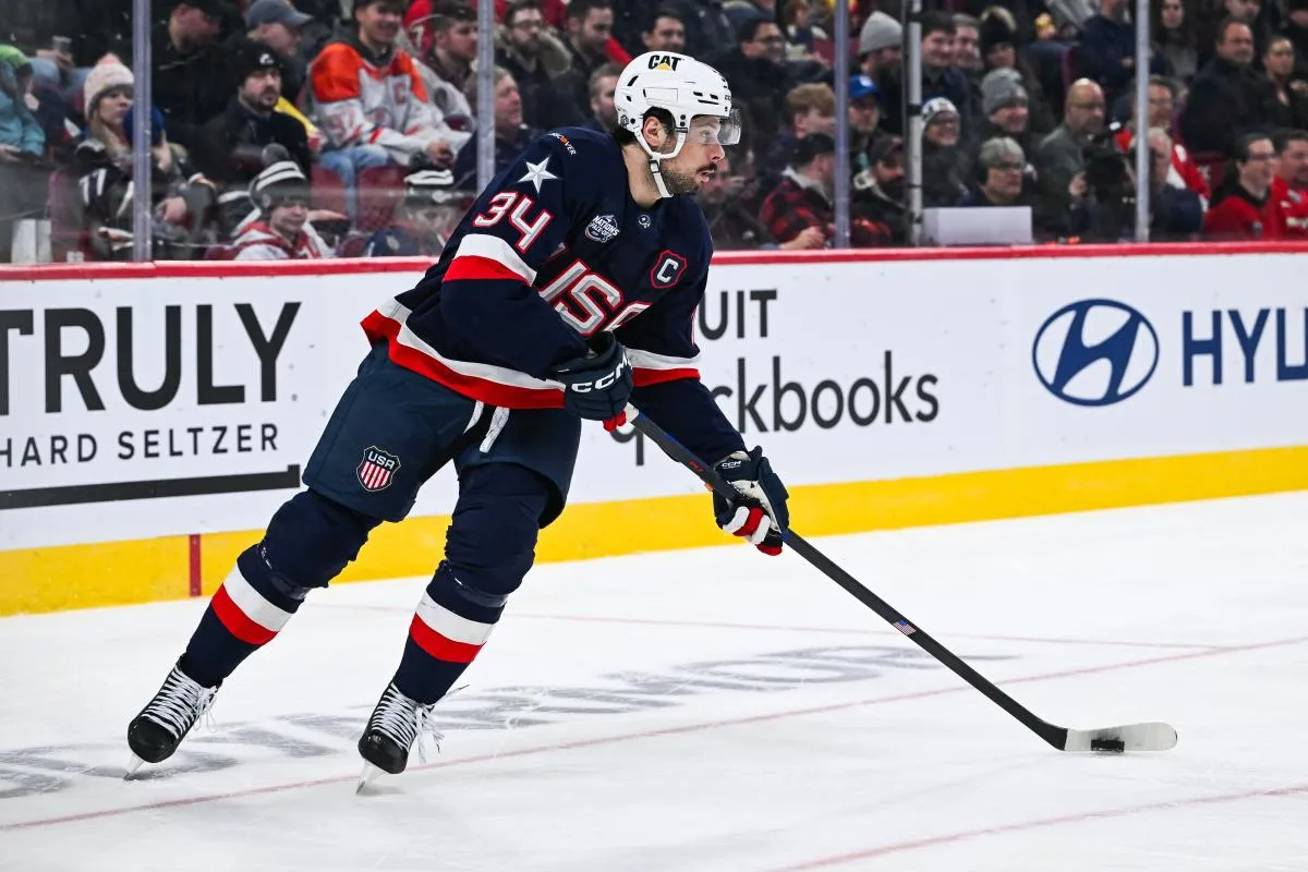 [Imagn Images direct customers only] Team USA forward Auston Matthews (34) plays the puck against Team Finland in the second period during a 4 Nations Face-Off ice hockey game at Bell Centre.