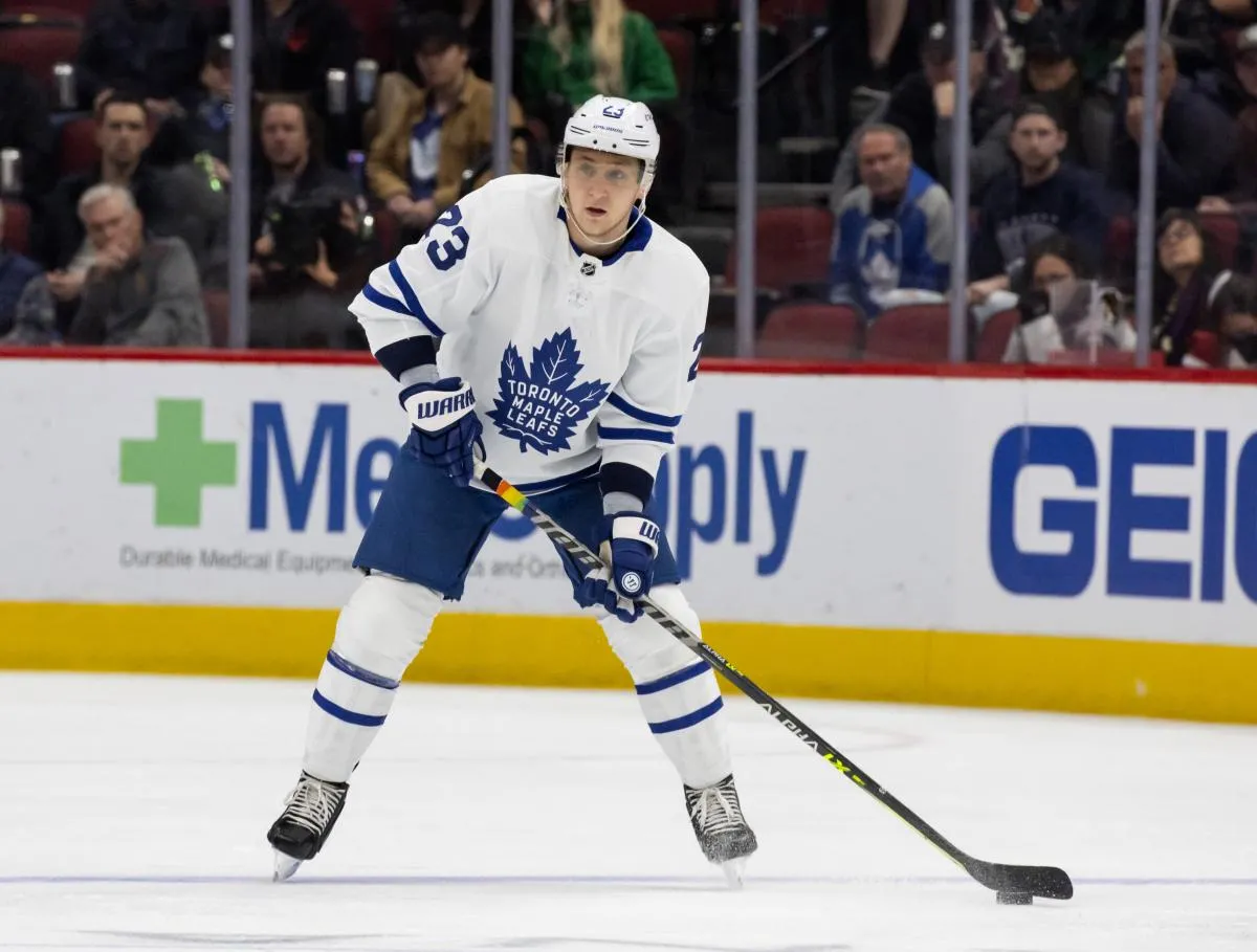 Toronto Maple Leafs defenseman Travis Dermott (23) against the Arizona Coyotes at Gila River Arena