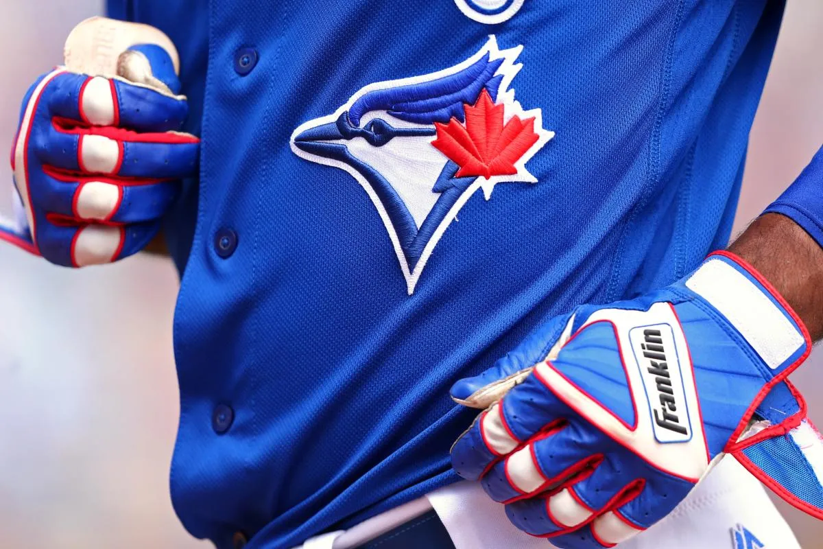 A view of the Blue Jays logo on an official Majestic game jersey during a game between the Pittsburgh Pirates and the Toronto Blue Jays at Florida Auto Exchange Stadium.