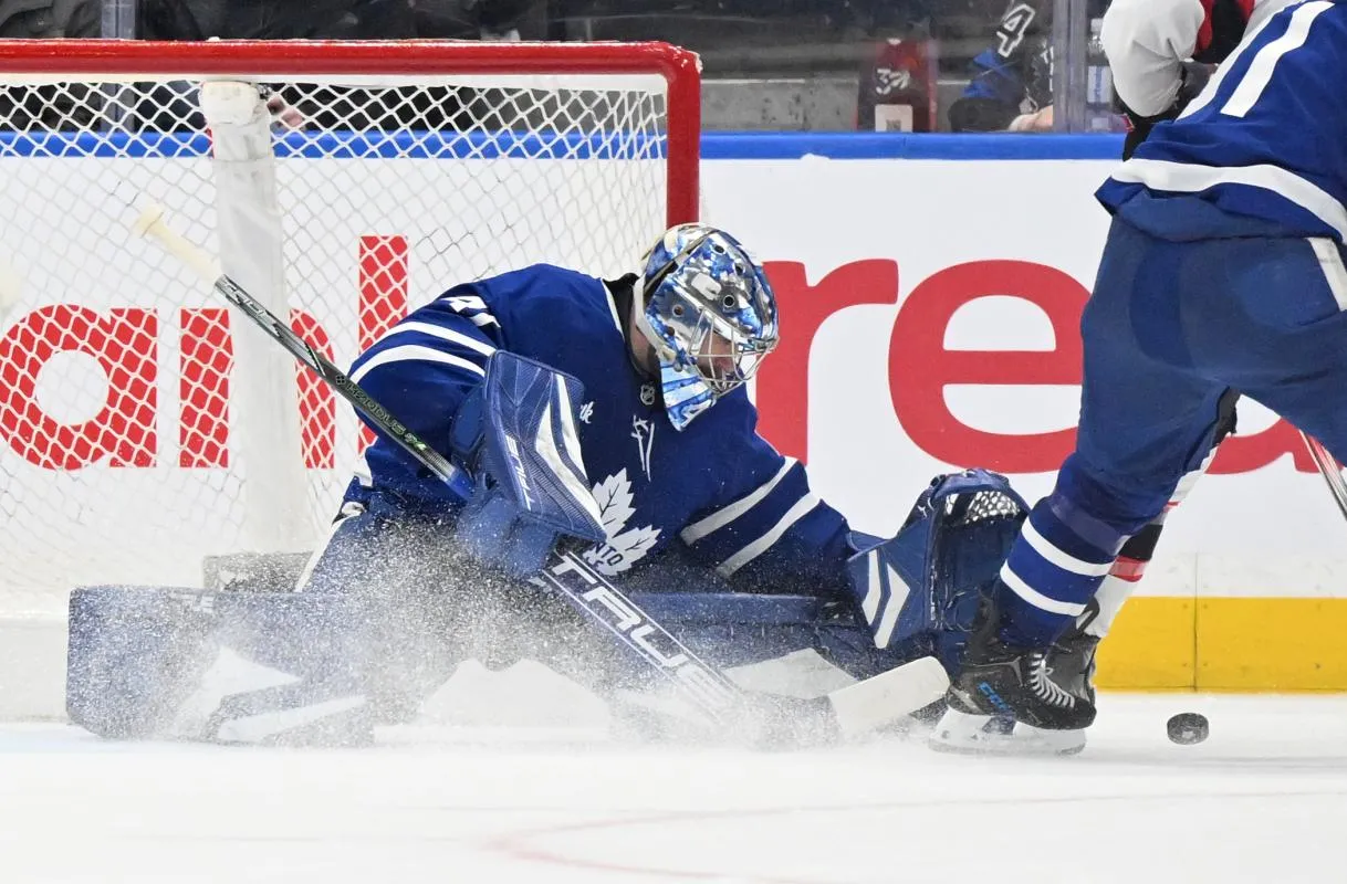 Toronto Maple Leafs goalie Anthony Stolarz (41) makes a save against the Ottawa Senators in the third period at Scotiabank Arena.