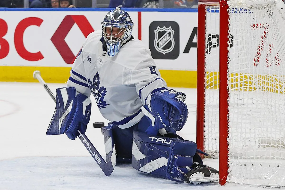 Toronto Maple Leafs goaltender Anthony Stolarz (41) makes a save on a shot by Edmonton Oilers forward Leon Draisaitl (29) (not shown) during the third period at Rogers Place.