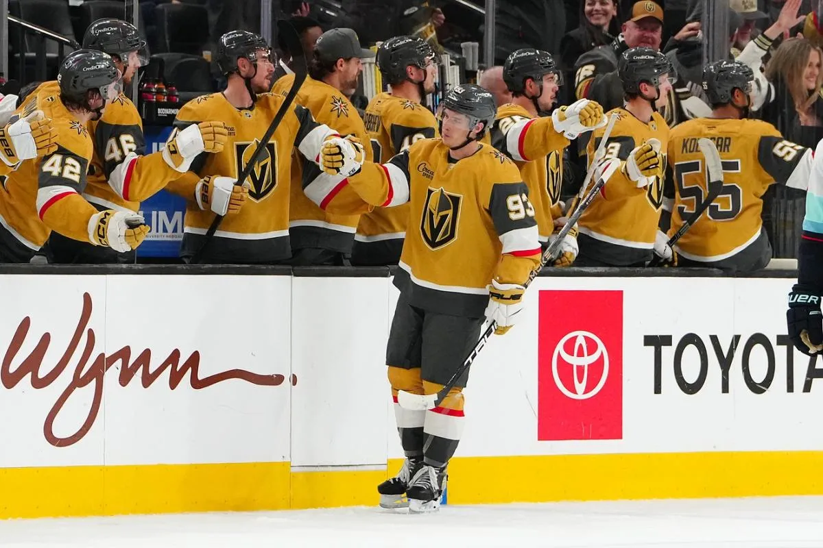 Vegas Golden Knights right wing Mitch Marner (93) celebrates after scoring a goal against the Seattle Kraken during the second period at T-Mobile Arena.