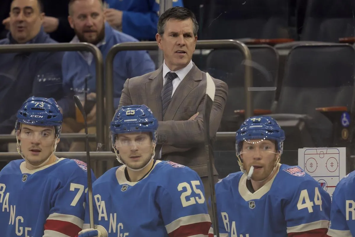 New York Rangers head coach Mike Sullivan coaches against the Carolina Hurricanes during the first period at Madison Square Garden.