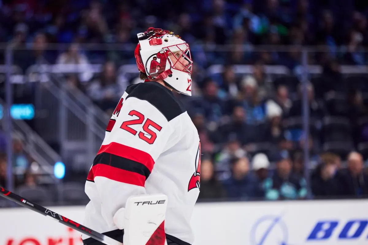New Jersey Devils goaltender Jacob Markstrom (25) looks on during the first period against the Seattle Kraken at Climate Pledge Arena.