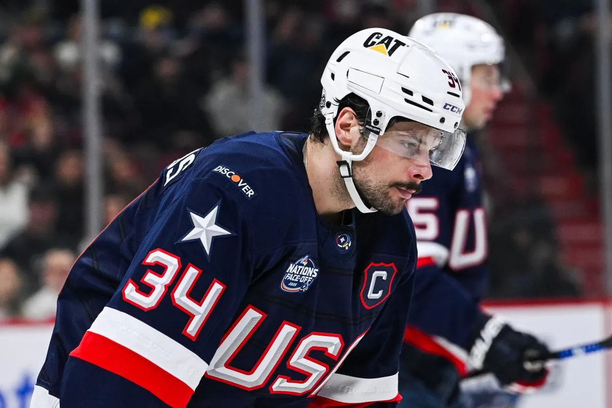 [Imagn Images direct customers only] Team USA forward Auston Matthews (34) looks on against Team Finland in the second period during a 4 Nations Face-Off ice hockey game at Bell Centre.