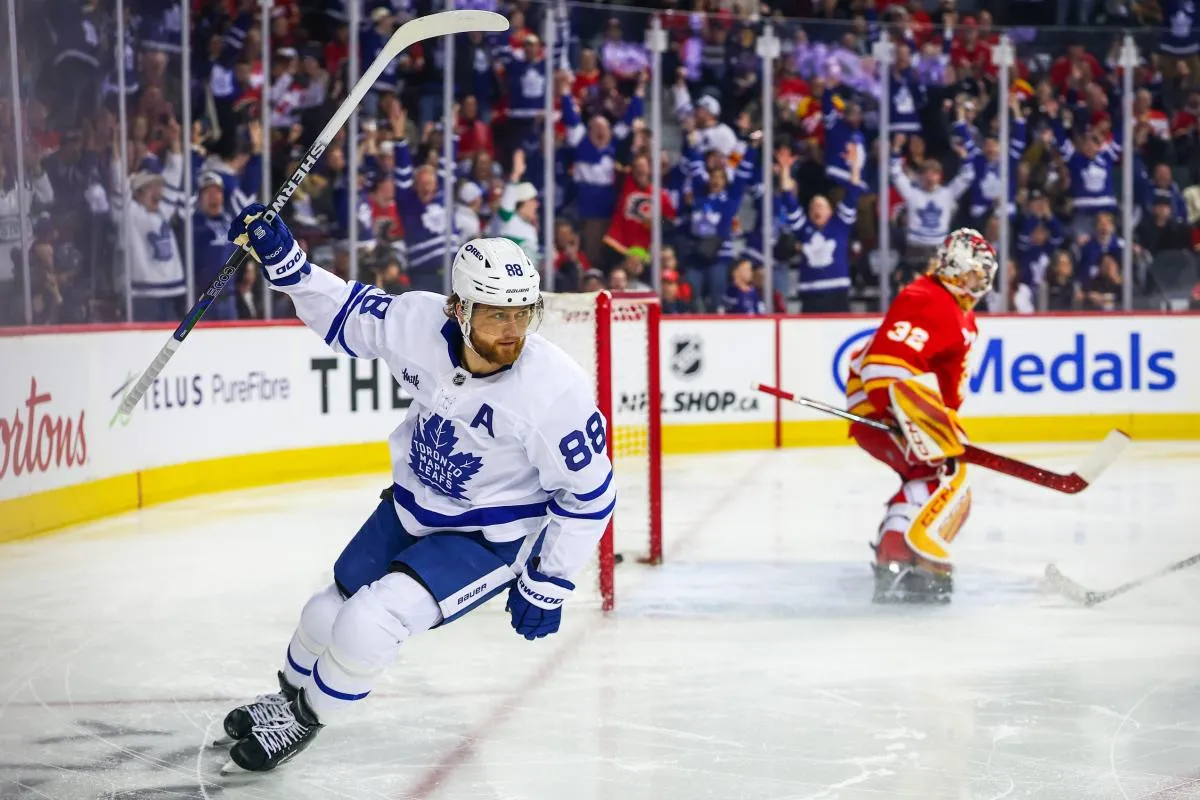 Toronto Maple Leafs right wing William Nylander (88) celebrates his goal against Calgary Flames goaltender Dustin Wolf (32) during the first period at Scotiabank Saddledome