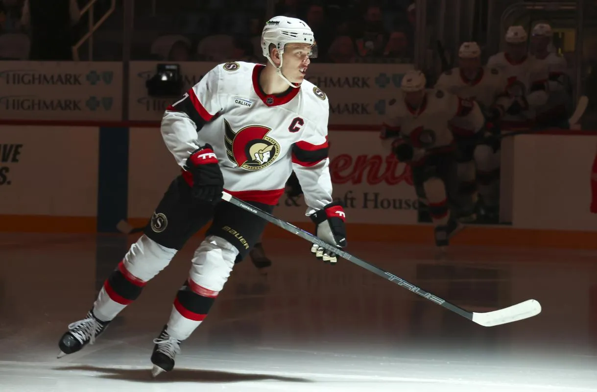 Ottawa Senators left wing Brady Tkachuk (7) takes the ice against the Pittsburgh Penguins during the first period at PPG Paints Arena.