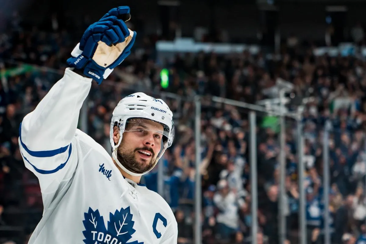 Toronto Maple Leafs forward Auston Matthews (34) celebrates his game winning shootout goal against the Vancouver Canucks at Rogers Arena.