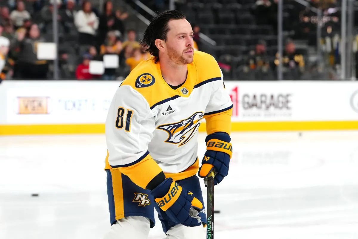 Nashville Predators center Jonathan Marchessault (81) warms up before a game against the Vegas Golden Knights at T-Mobile Arena.