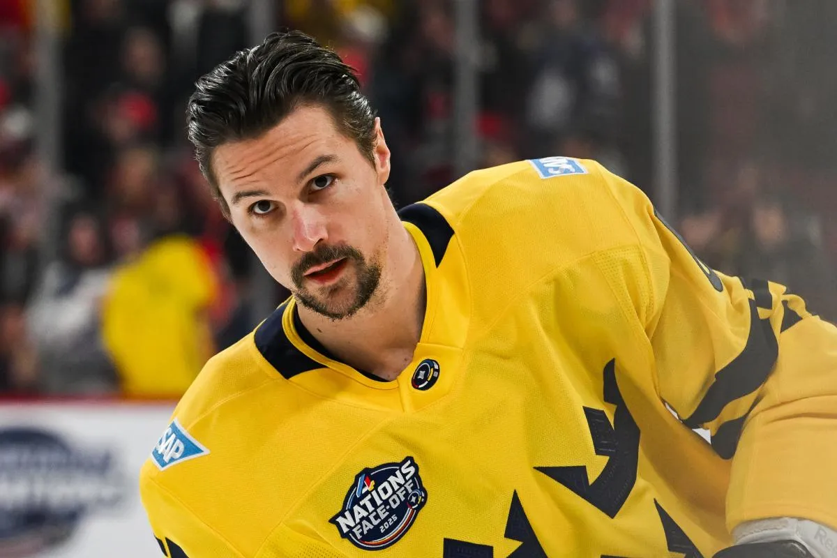 [Imagn Images direct customers only] Team Sweden defenseman Erik Karlsson (65) warms-up before a game against Team Canada during a 4 Nations Face-Off ice hockey game at Bell Centre.