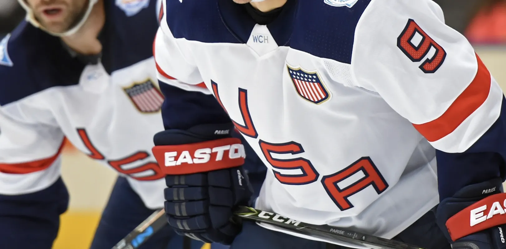 Team USA forwards Zach Parise (9) and Kyle Palmieri (23) prepare for a faceoff against Team Czech Republic during preliminary round play in the 2016 World Cup of Hockey at Air Canada Centre.