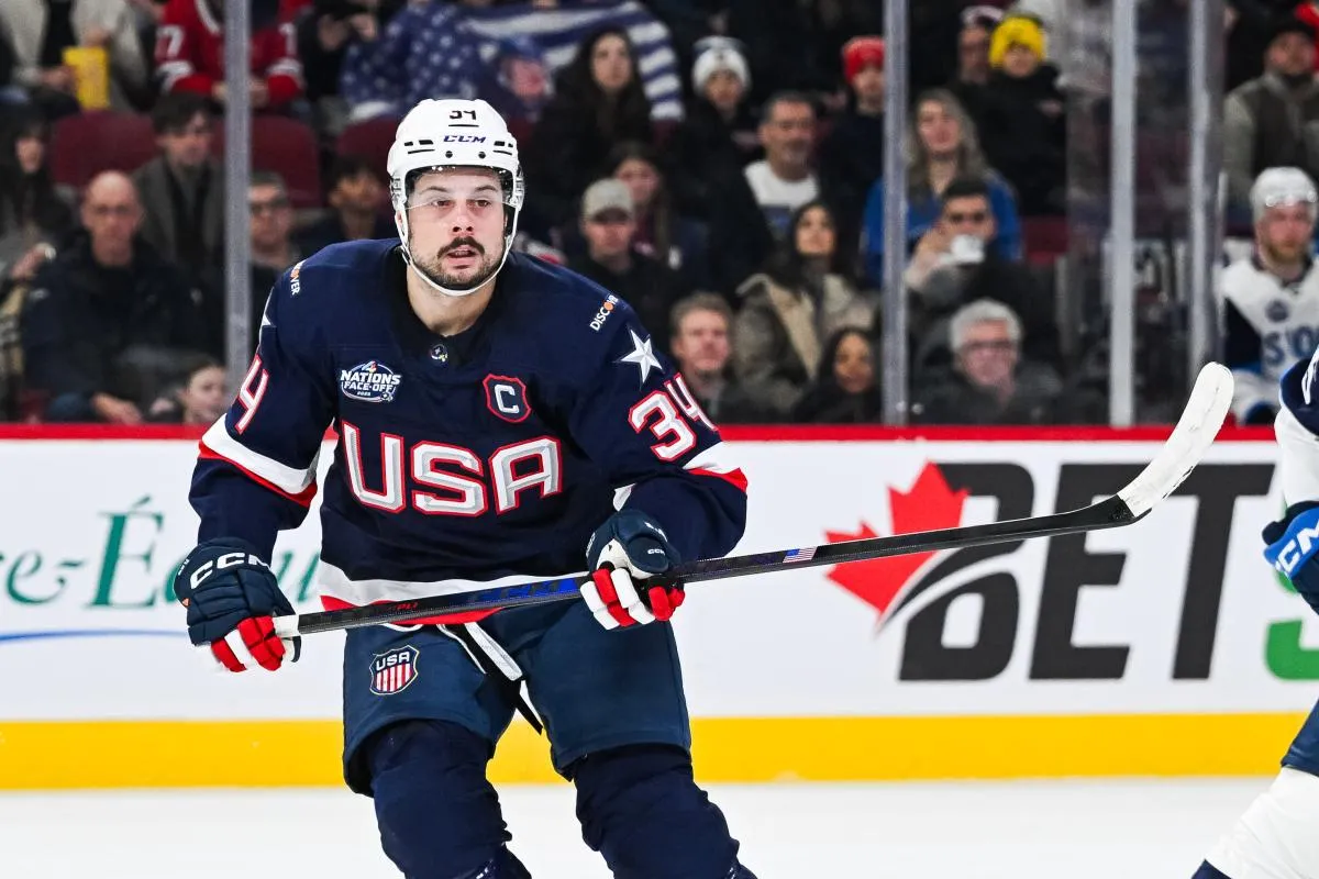 [Imagn Images direct customers only] Team USA forward Auston Matthews (34) looks on against Team Finland in the first period during a 4 Nations Face-Off ice hockey game at Bell Centre.