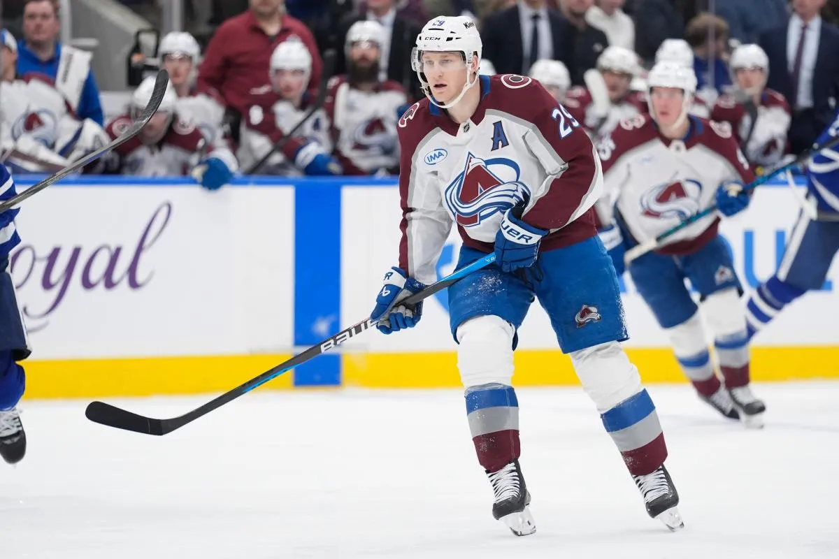Colorado Avalanche forward Nathan MacKinnon (29) skates against the Toronto Maple Leafs at Scotiabank Arena.