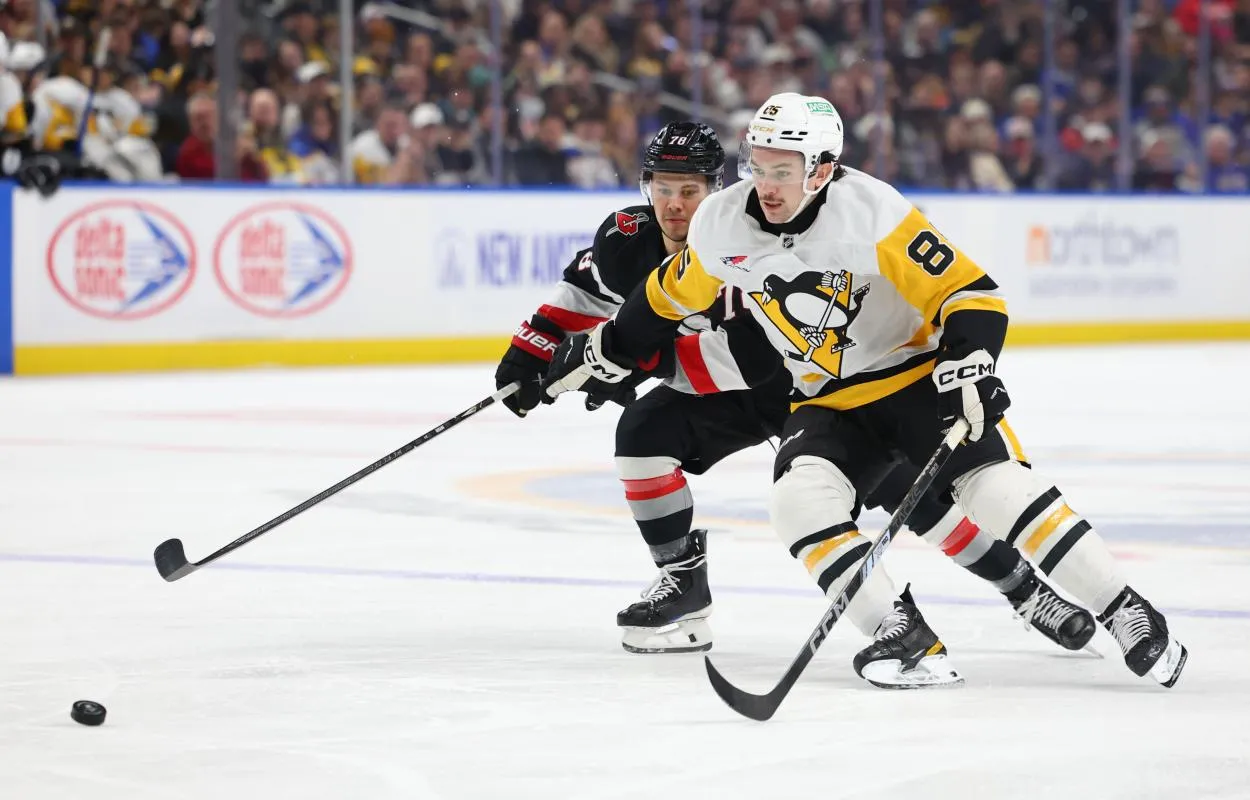 Pittsburgh Penguins right wing Avery Hayes (85) goes after a loose puck during the first period against the Buffalo Sabres at KeyBank Center.