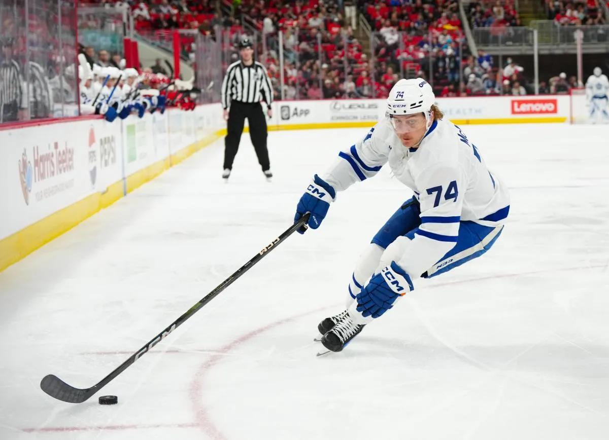 Toronto Maple Leafs center Bobby McMann (74) skates with the puck against the Carolina Hurricanes during the second period at Lenovo Center.